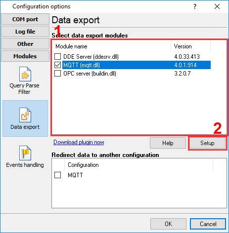 Selecting the MQTT data export plugin