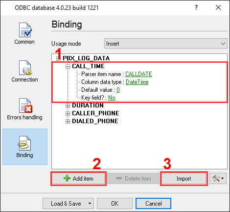 MS SQL 2000 export. ODBC database data logger. Binding.