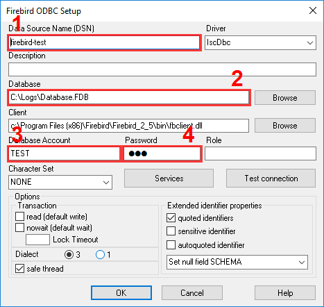 An example of configuring a connection with the local copy of the Firebird database
