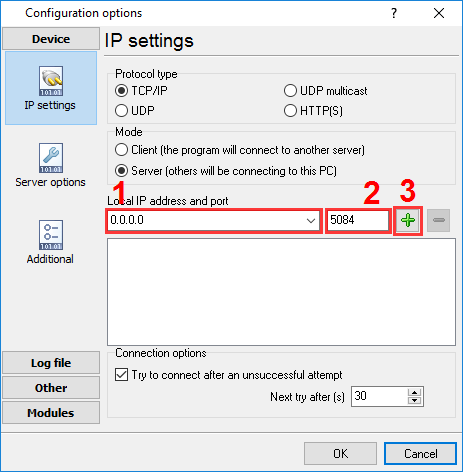 Configuring the TCP server mode