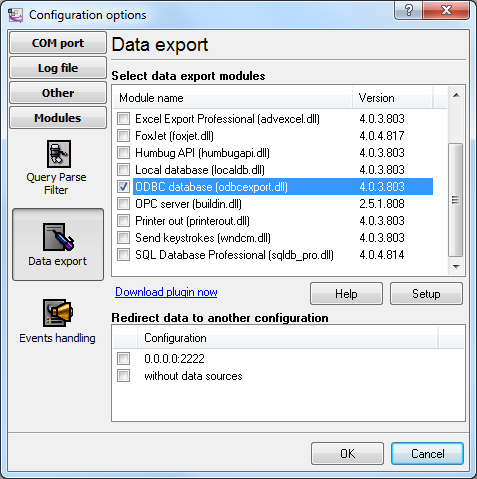 Selecting the data export module for ODBC database